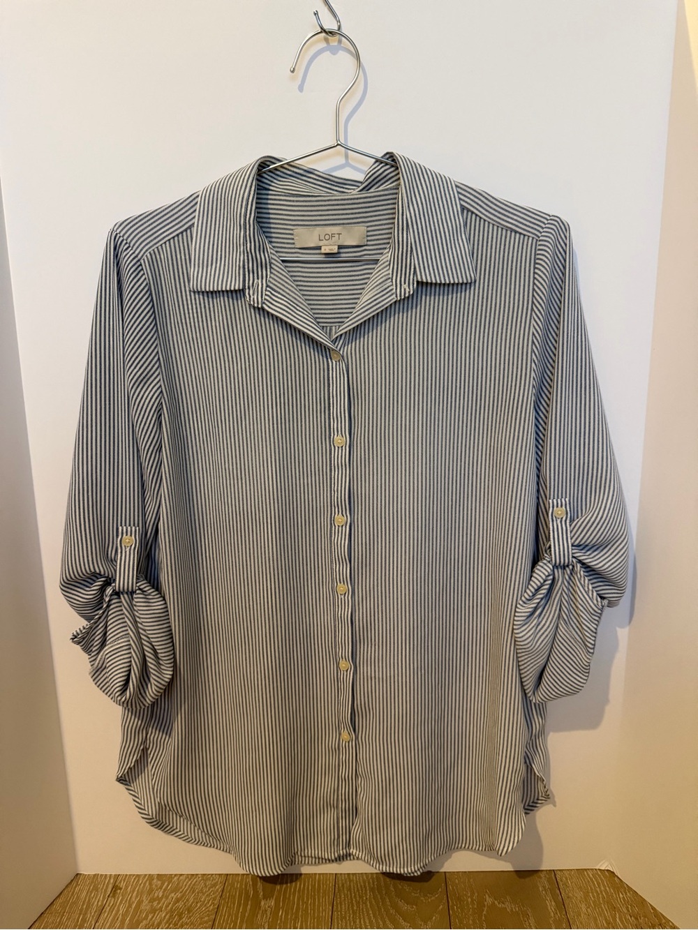 LOFT Blue and White Vertical Stripe Button-Down Shirt